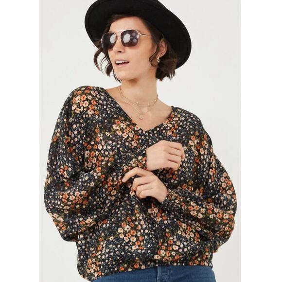 Hayden Tops - Hayden Luca Dolman V-Neck  Floral Print Sheer Long Sleeve Top Blouse Women Sz S